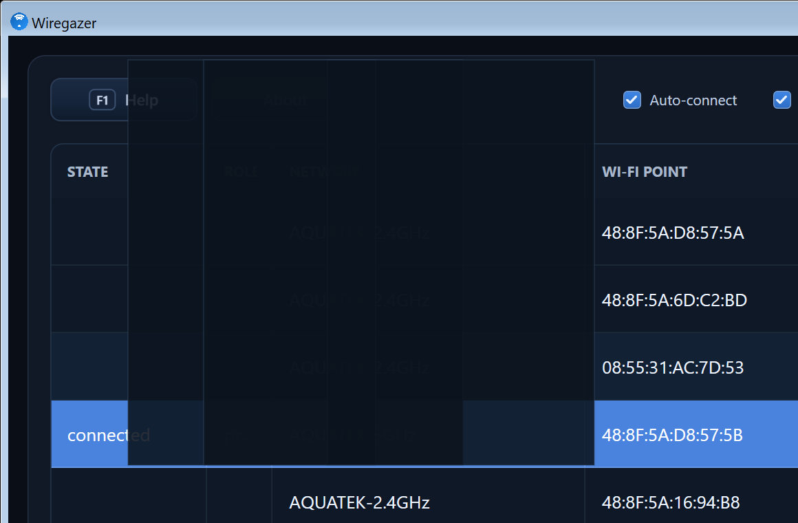 Screenshot of the Wiregazer app showing nearby Wi-Fi points and their connection quality